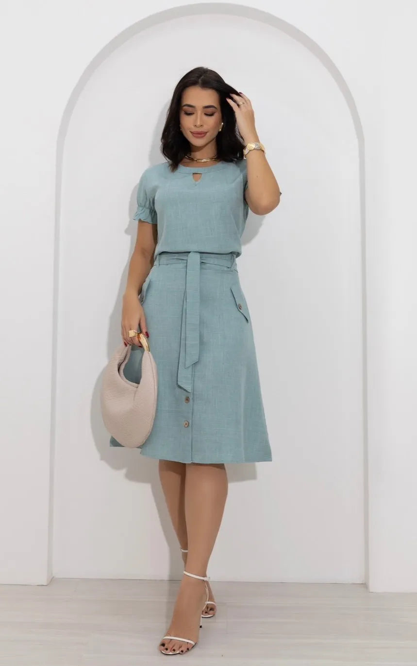 Conjunto Saia e Blusa Linho Decote Gota